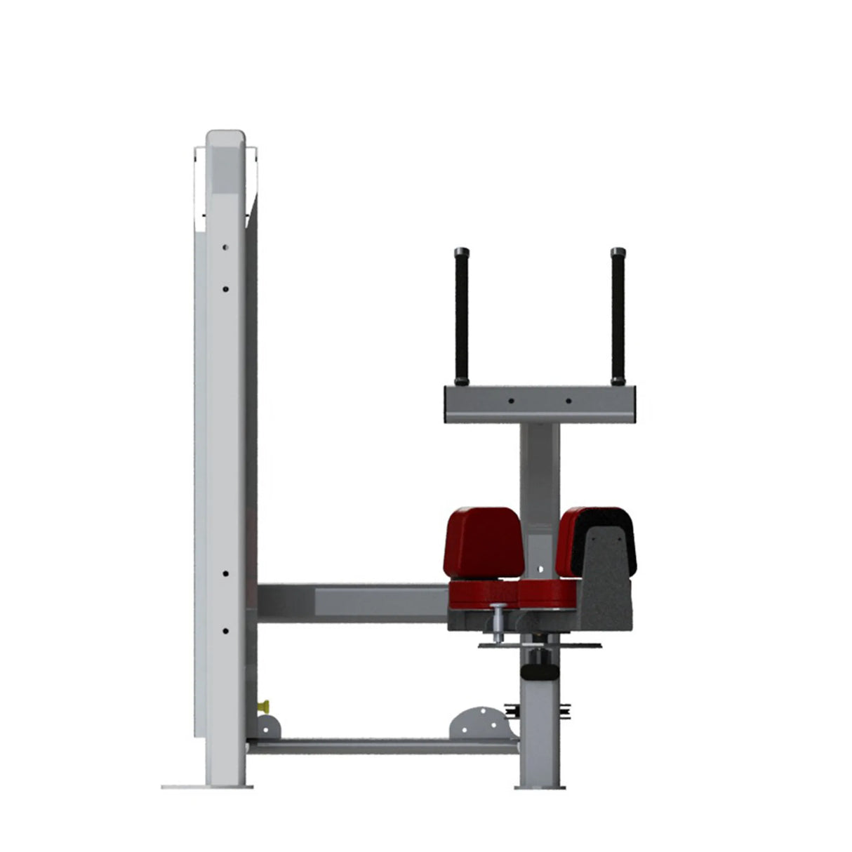 Gym machine with red seat and gray frame on a white background