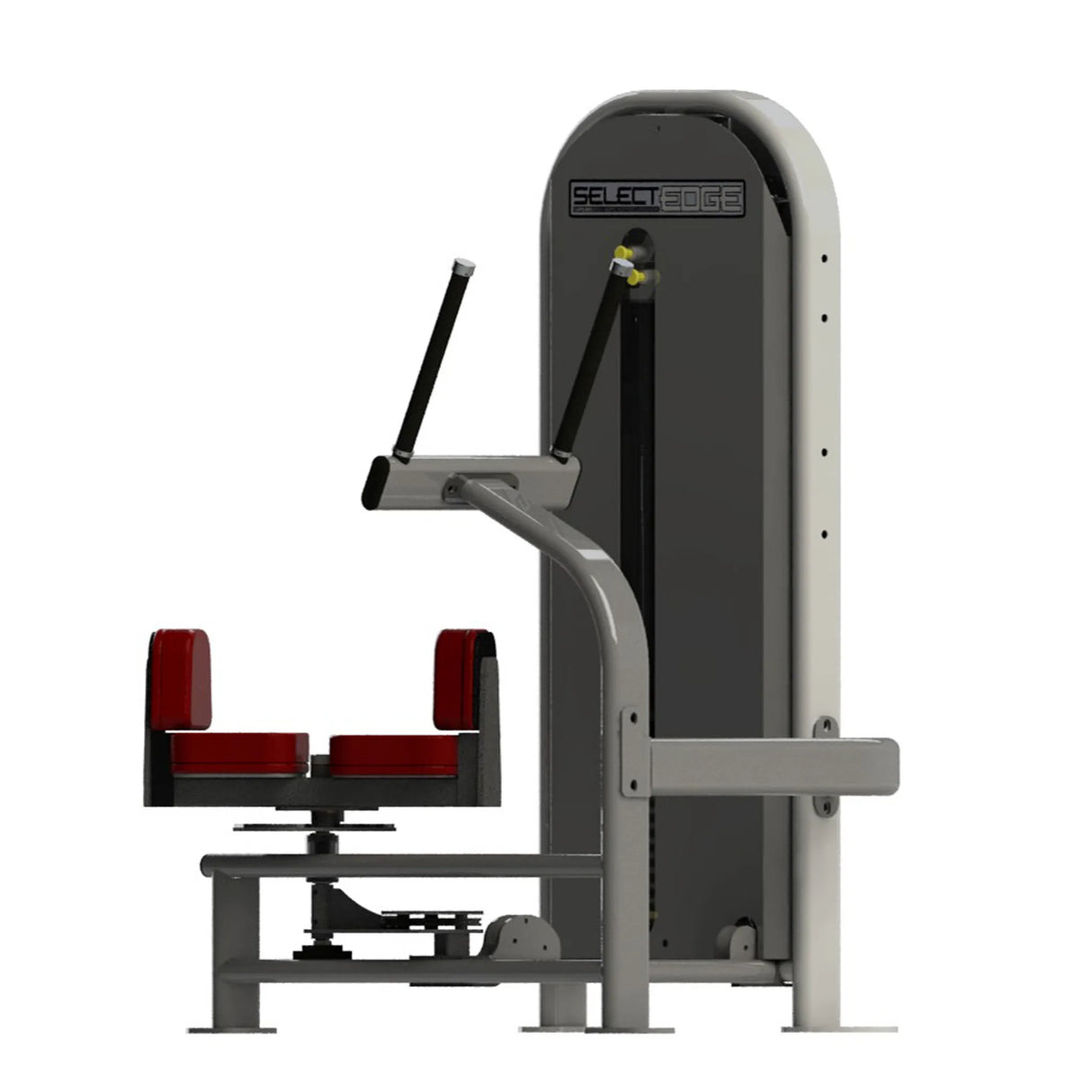 Gym machine with red seat and gray frame on a white background