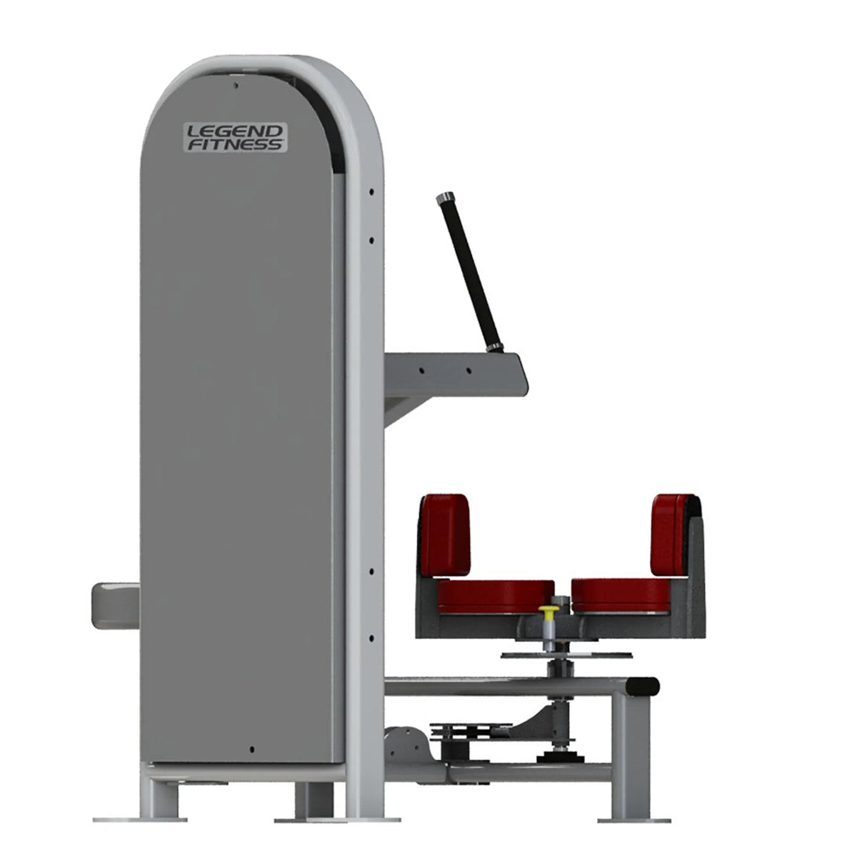 Gym machine with red seat and gray frame on a white background