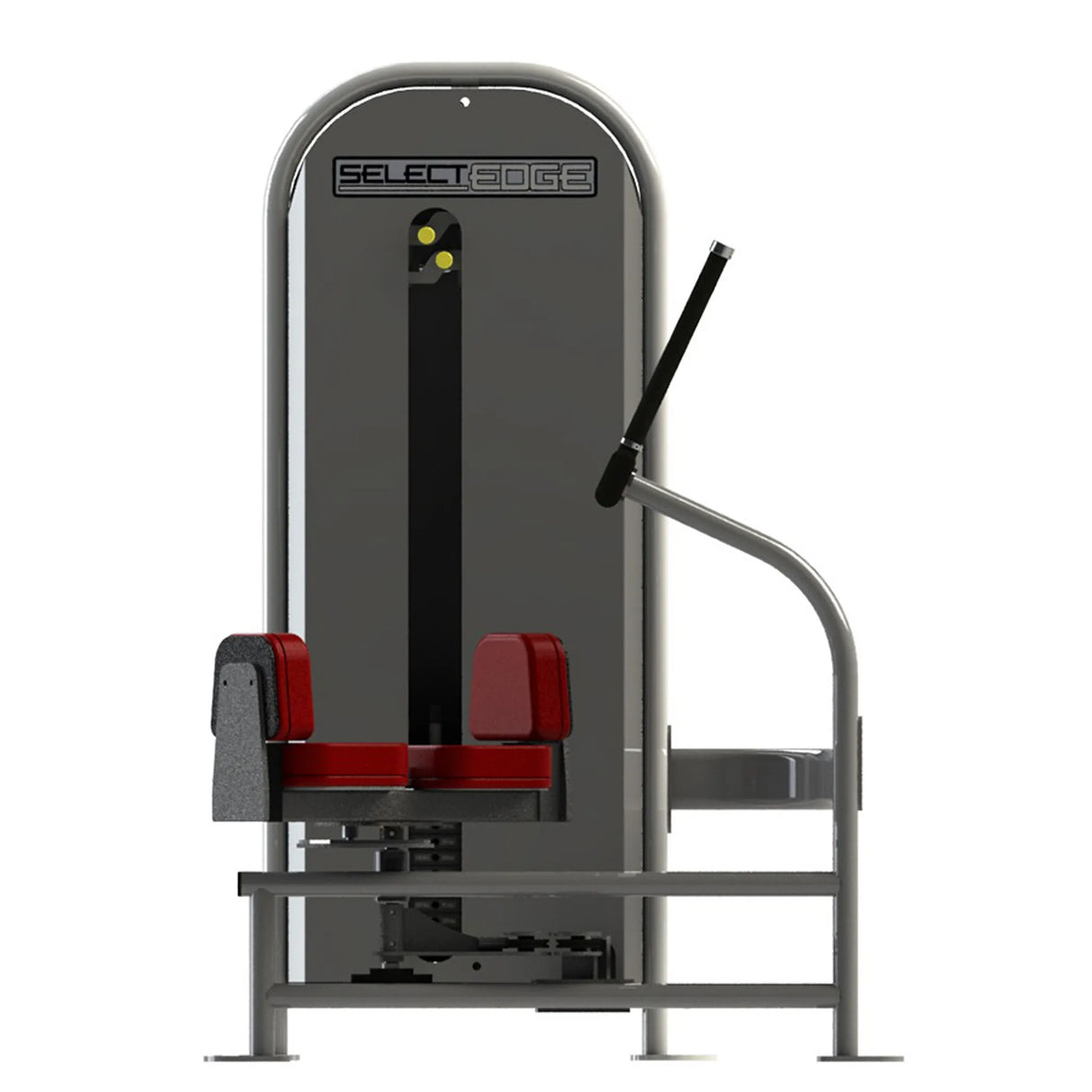 Gym machine with red seat and gray frame on a white background