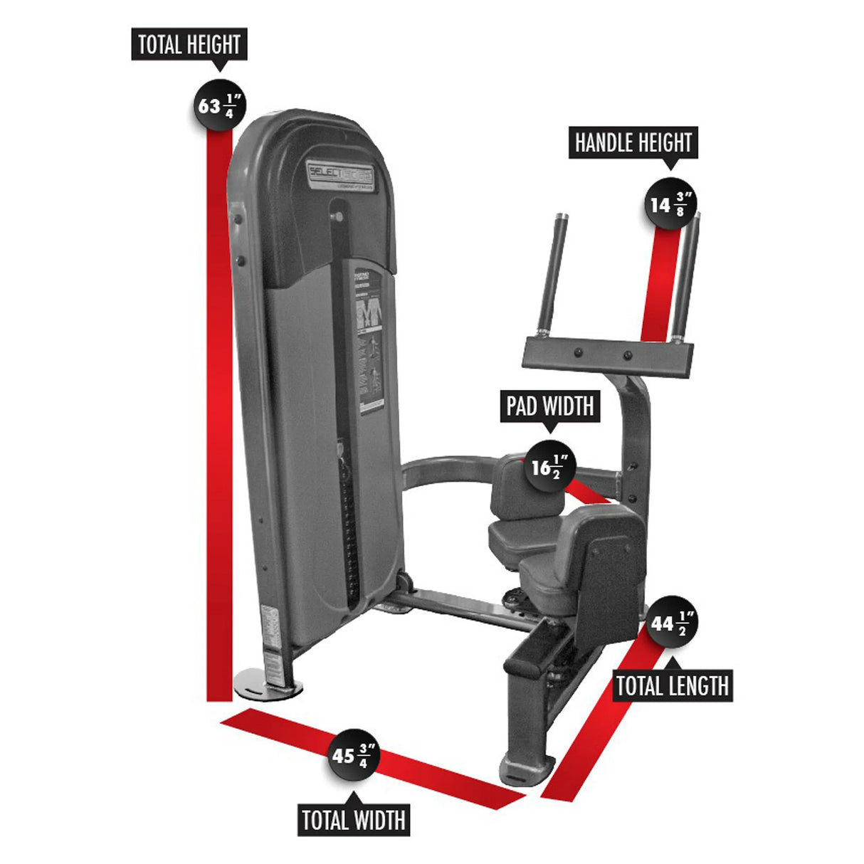 Gym machine with labeled dimensions on a white background