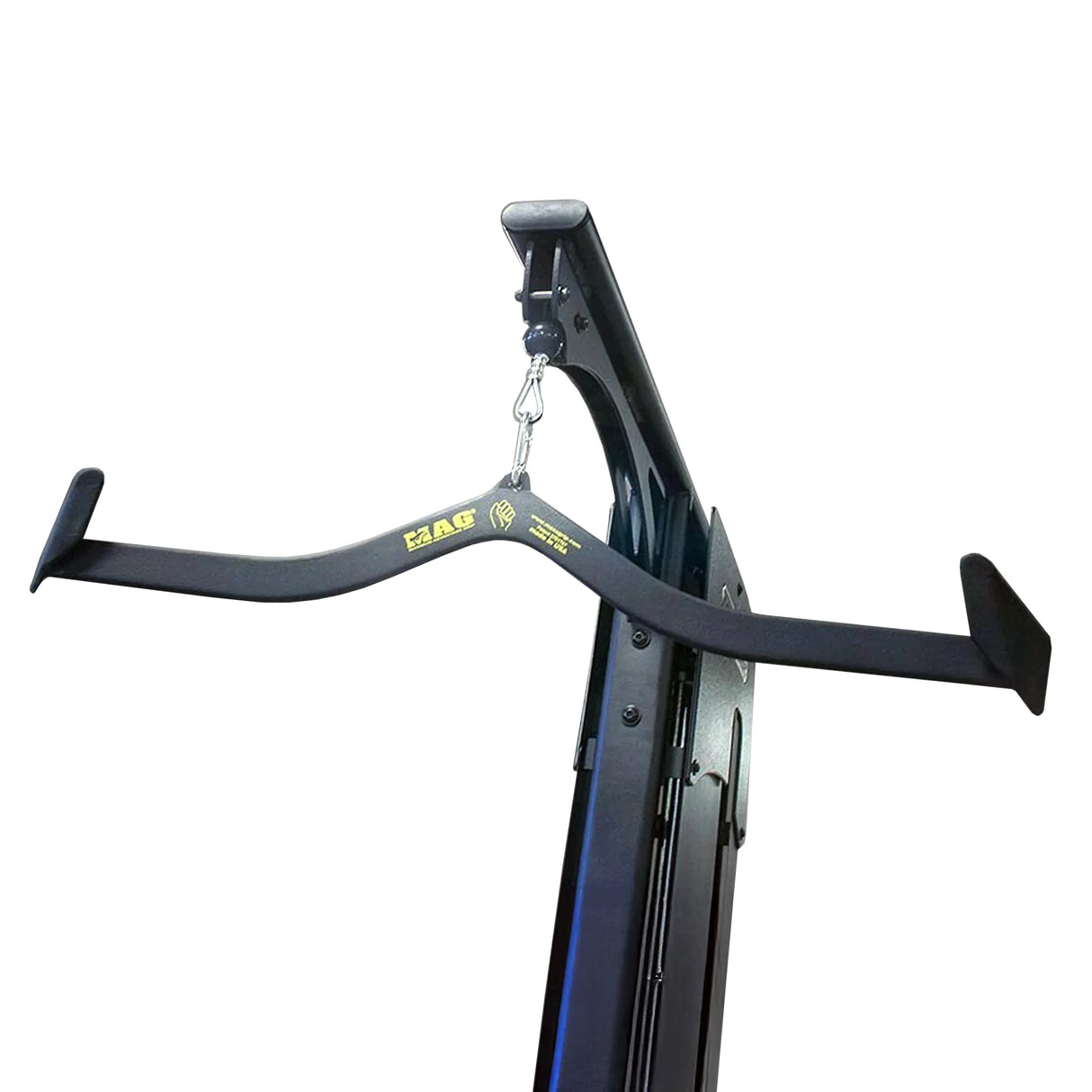 Black 'MAG' brand lat pulldown handle hanging from a fitness machine on a white background