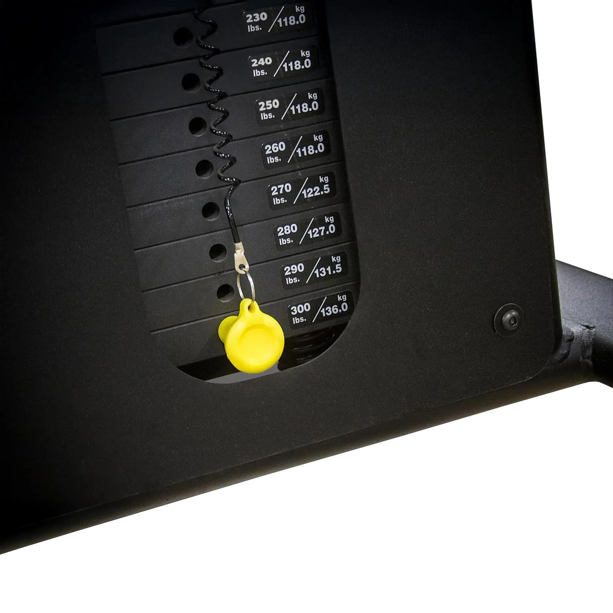 Weight stack with weight plates and a yellow weight pin on a white background