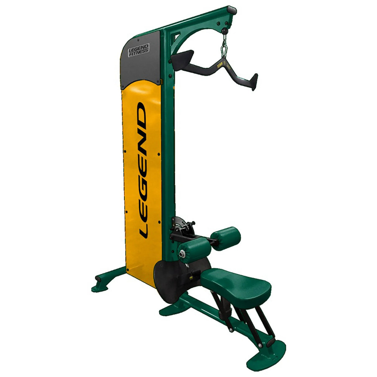 Green and yellow Legend Fitness exercise machine on a white background