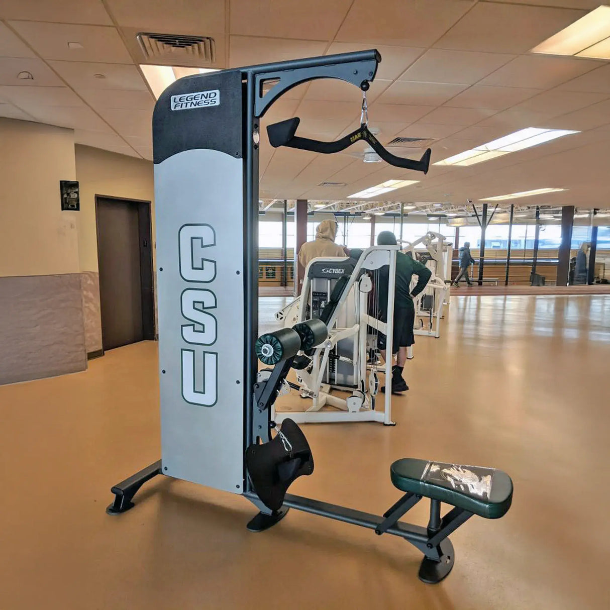 Gym machine with 'CSU' branding in a fitness center