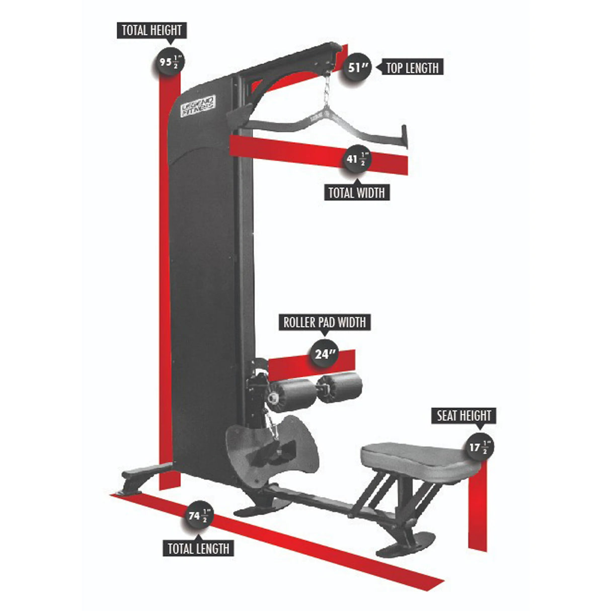 Gym machine with labeled dimensions on a white background