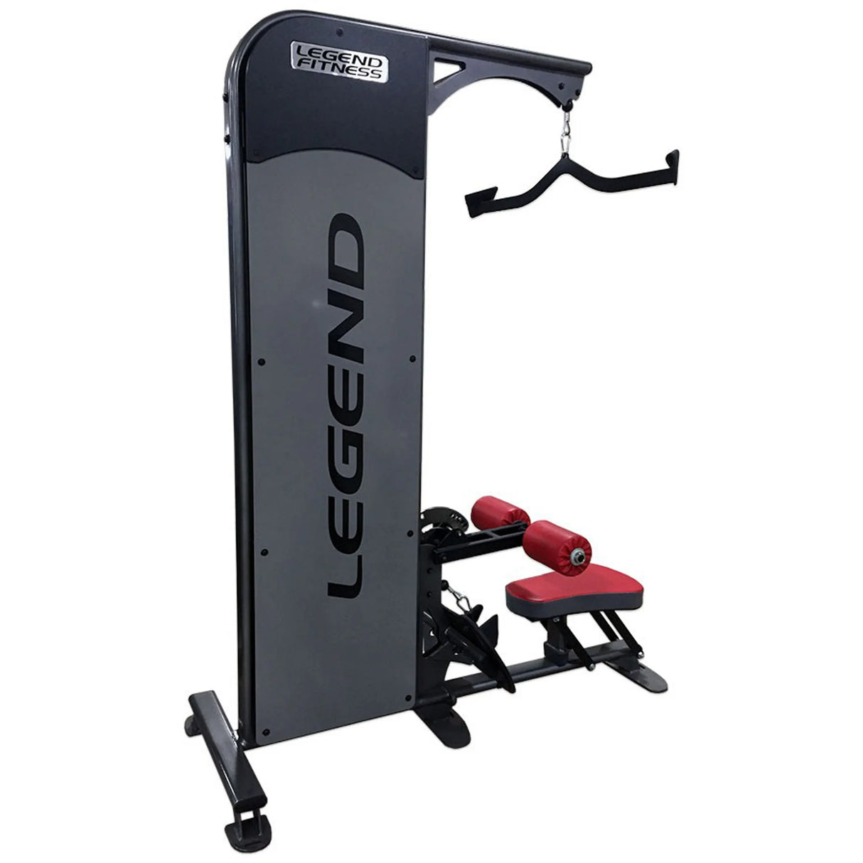Gym machine with red seat and gray frame with 'Legend Fitness' branding on a white background