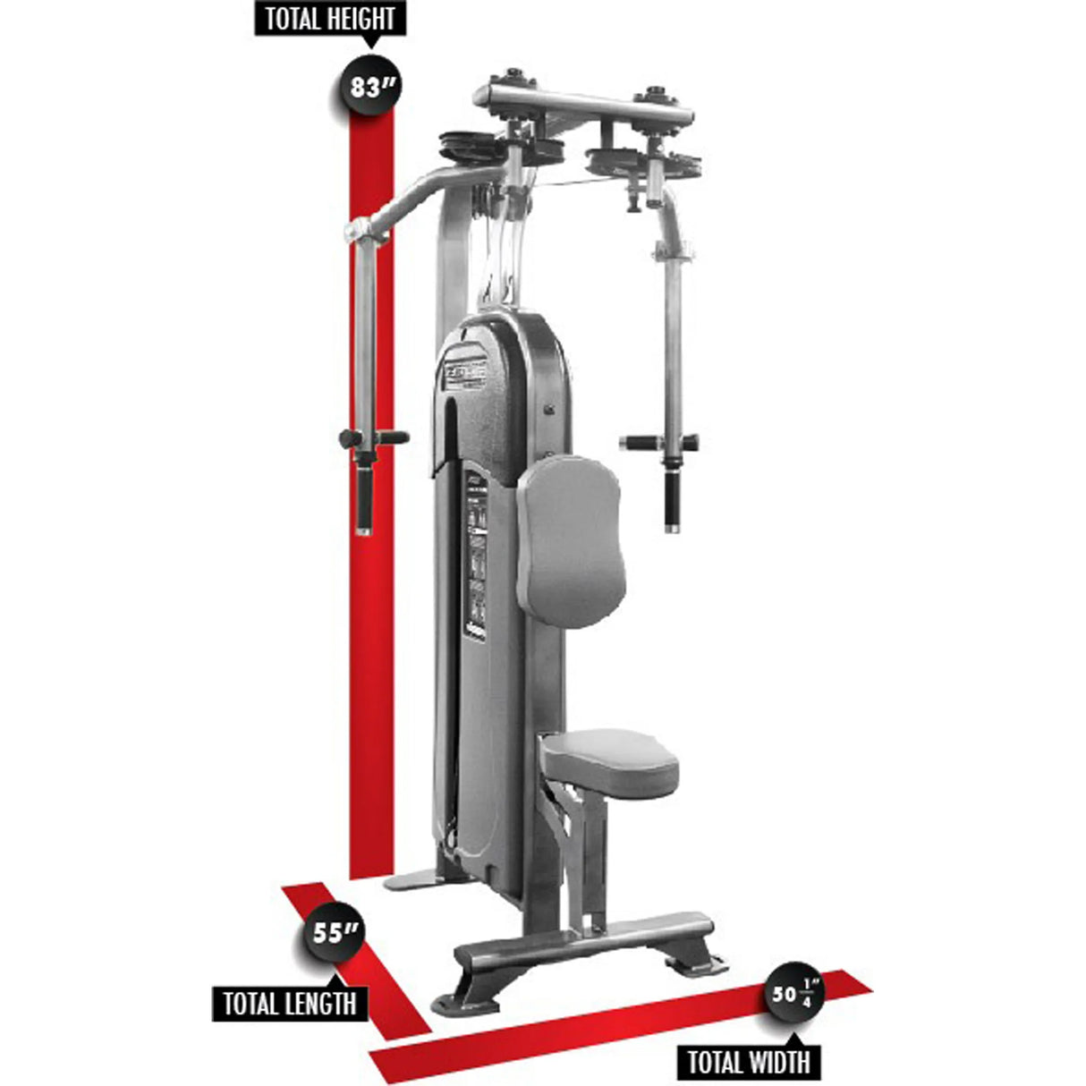 Gym machine with dimensions marked on a white background