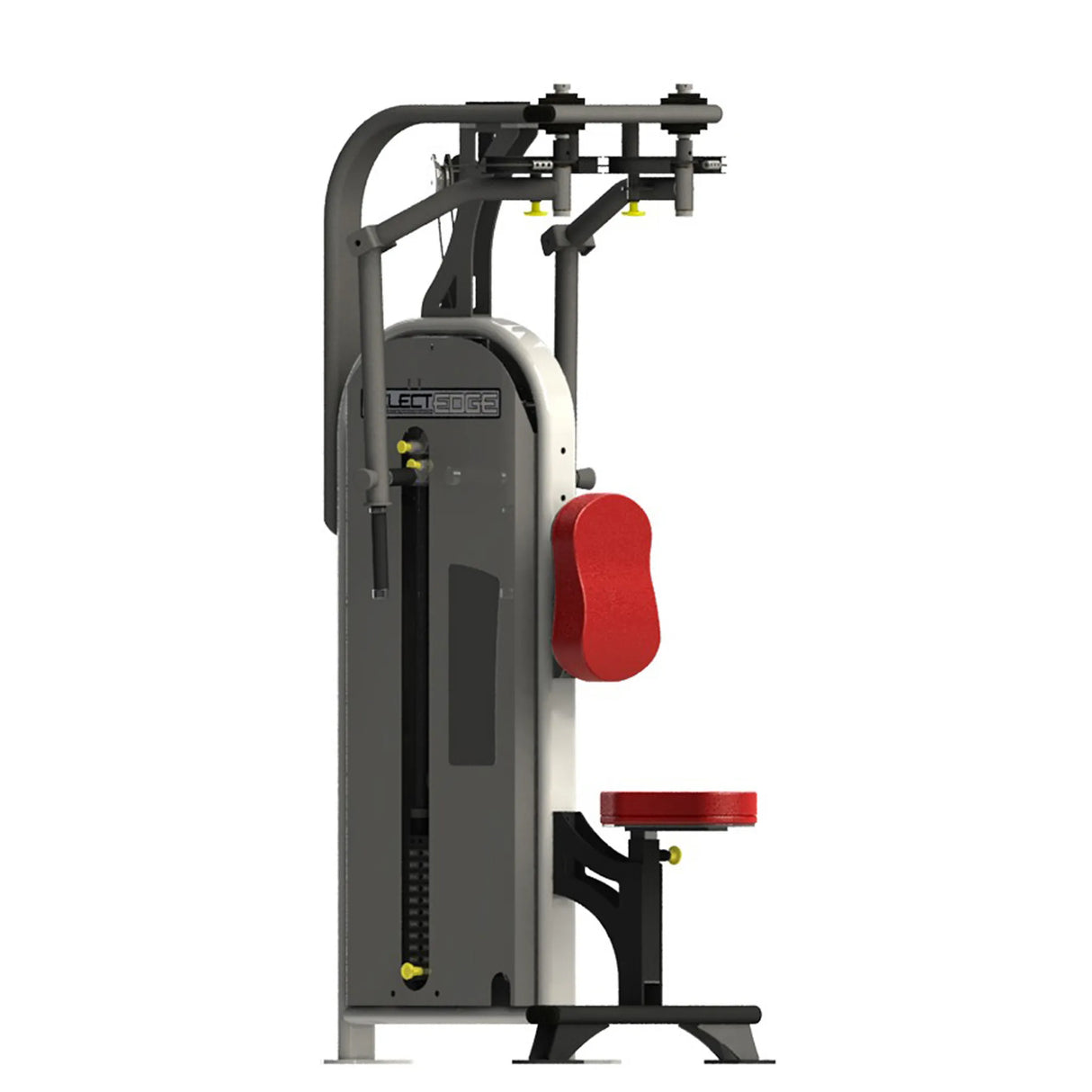 Gym machine with red seat and gray frame on a white background