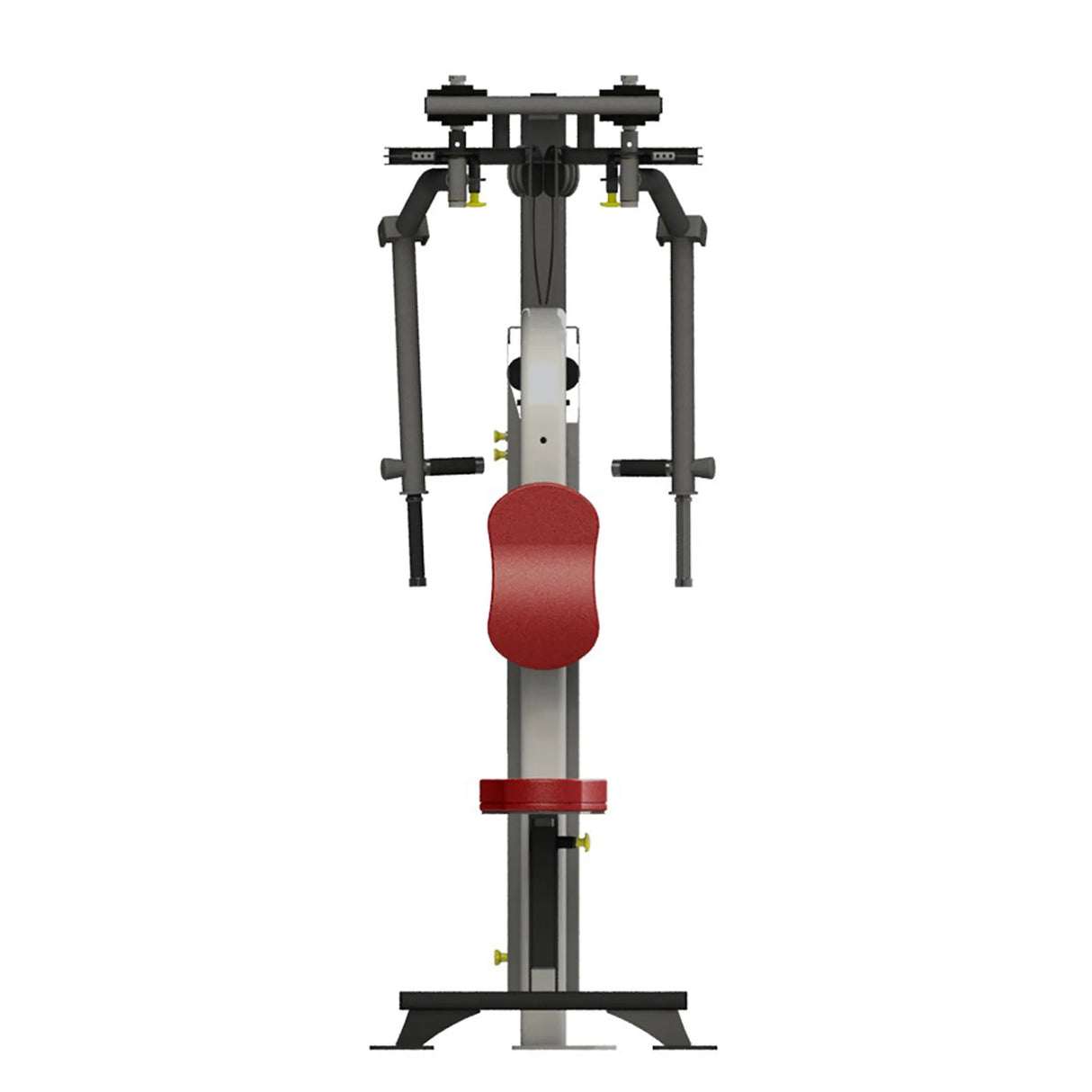 Gym machine with red seat and gray frame on a white background