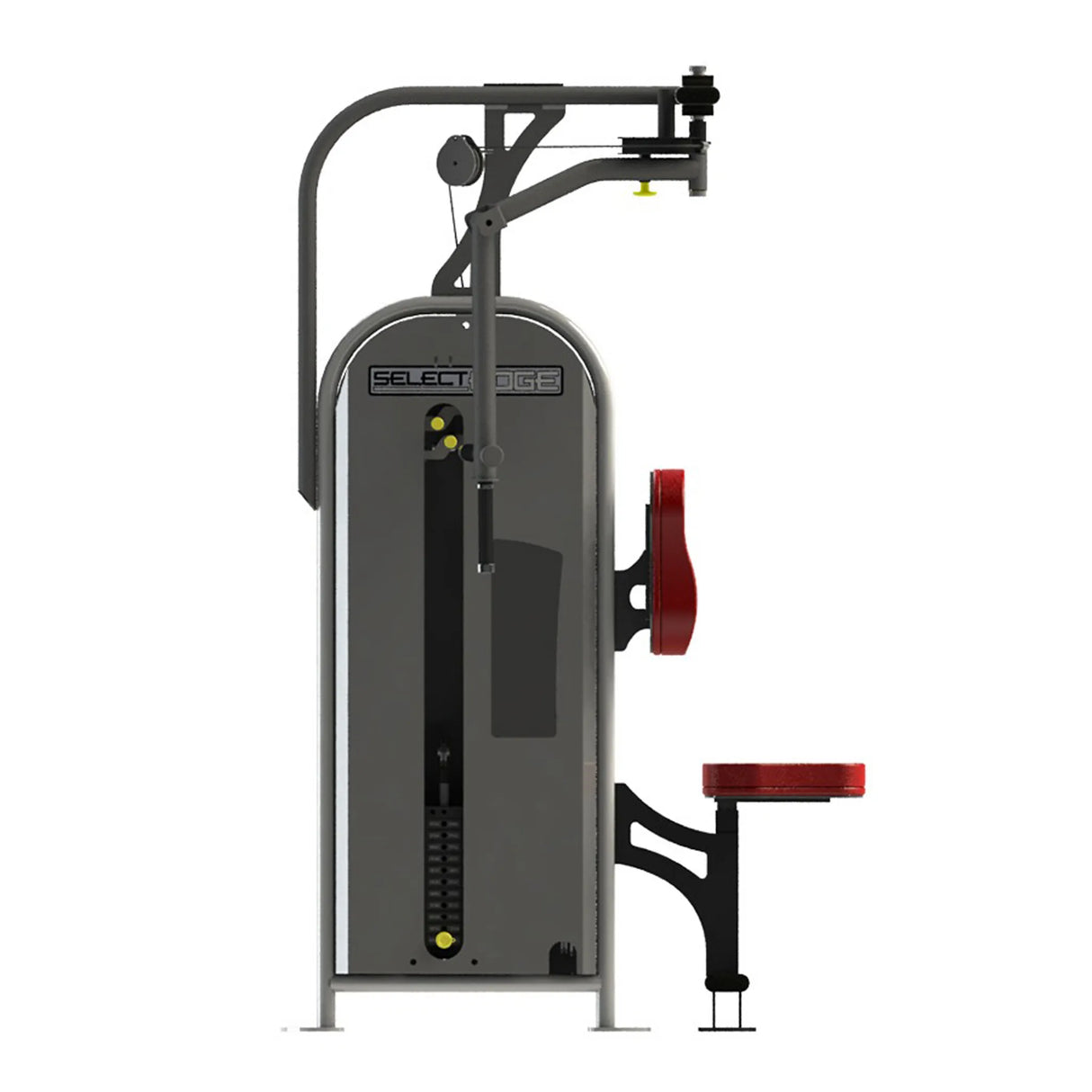 Gym machine with red seat and gray frame on a white background
