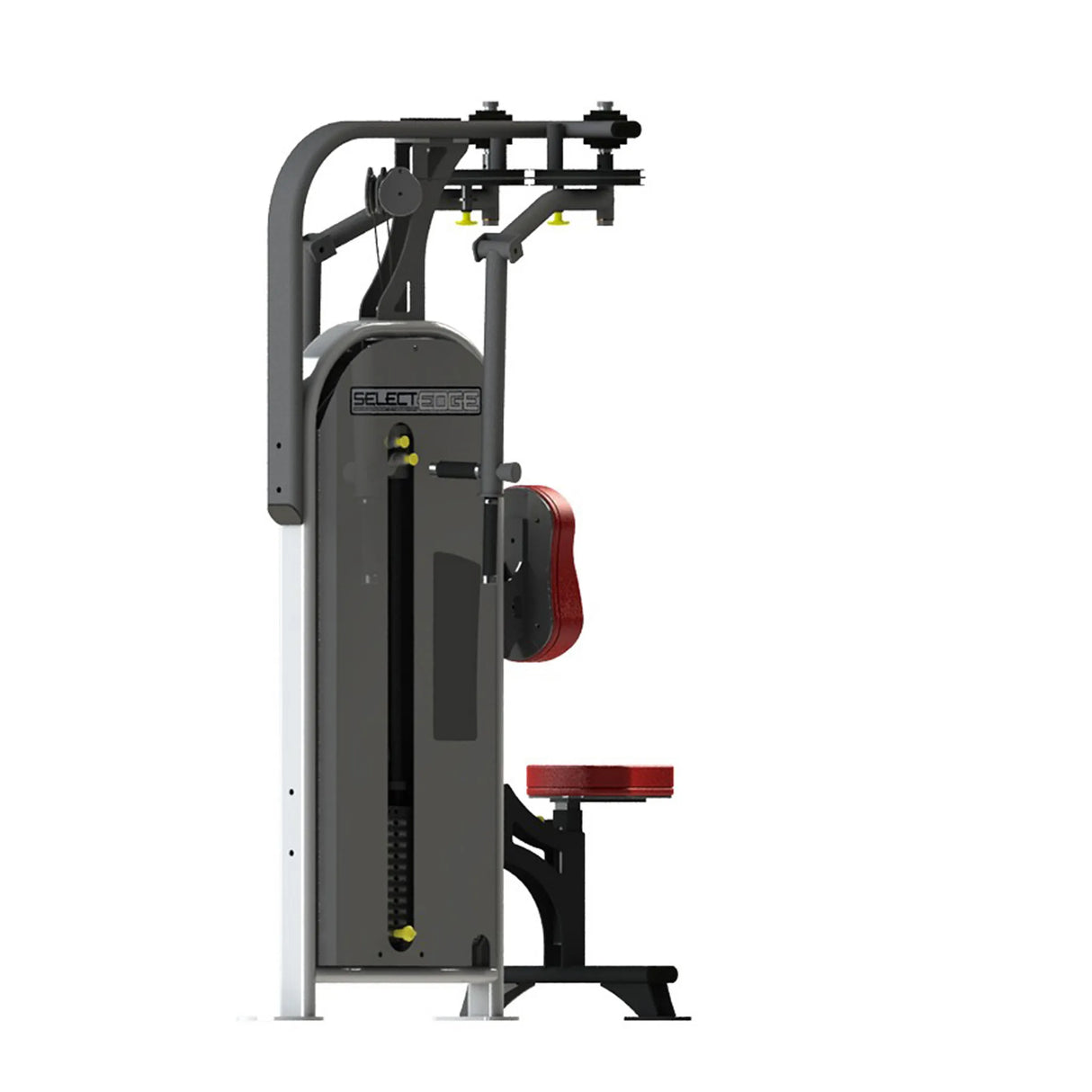Gym machine with red seat and gray frame on a white background