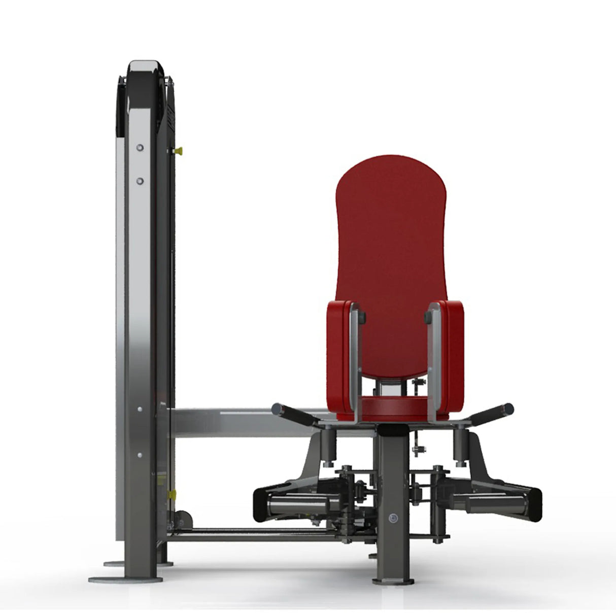 Gym machine with red seat and gray frame on a white background