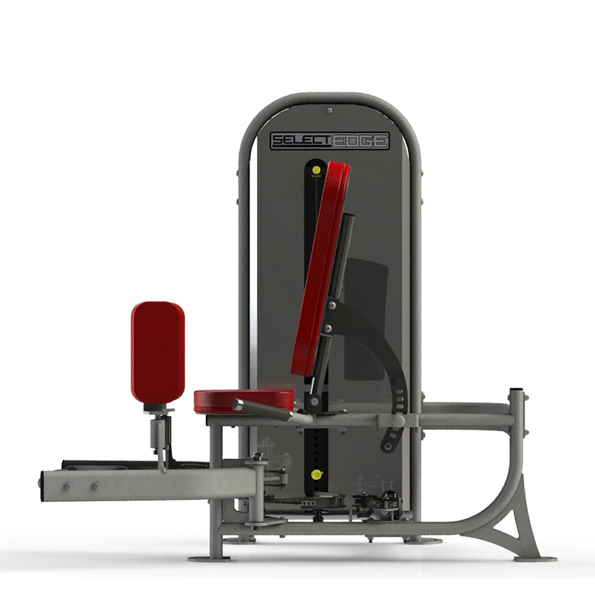 Gym machine with red seat and gray frame on a white background