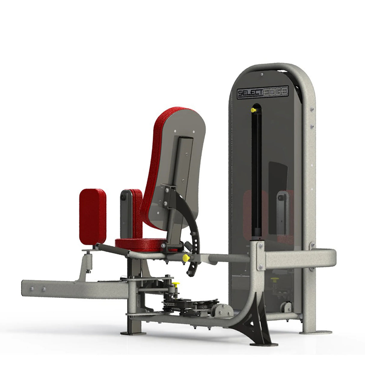 Gym machine with red seat and gray frame on a white background