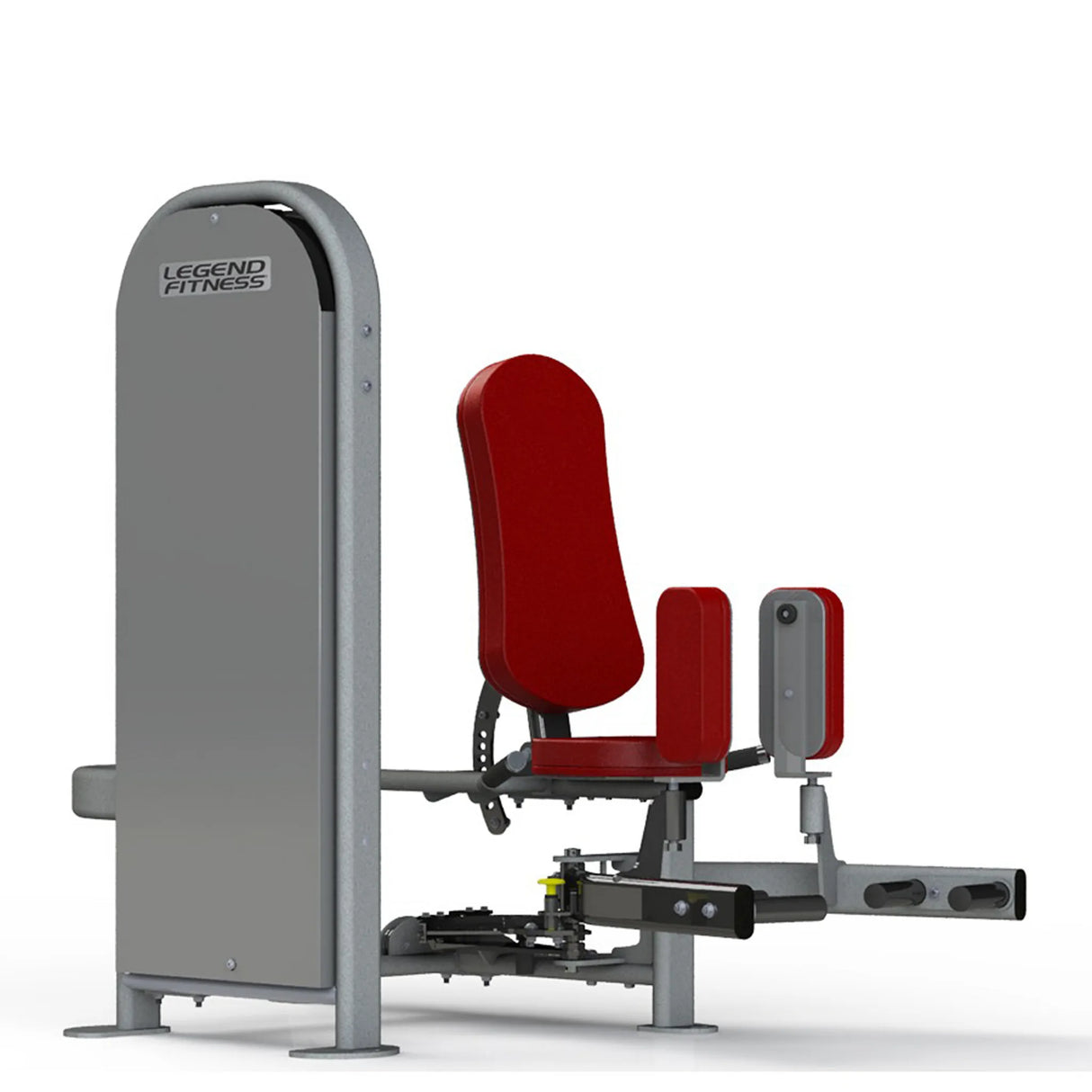 Gym machine with red seat and gray frame on a white background