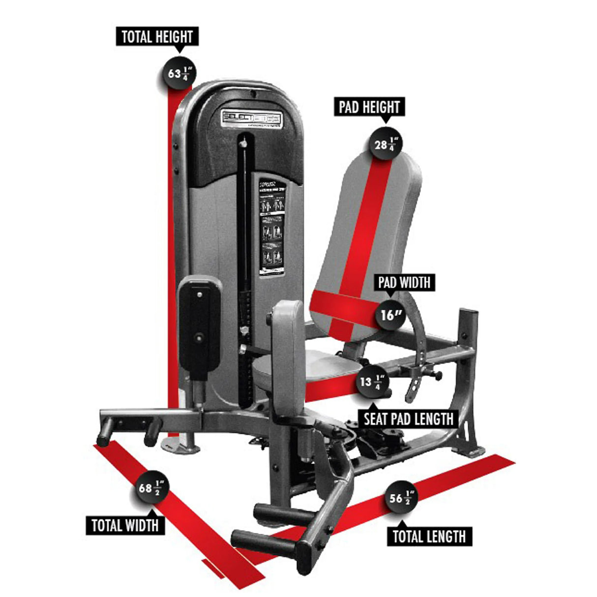 Gym machine with labeled dimensions on a white background
