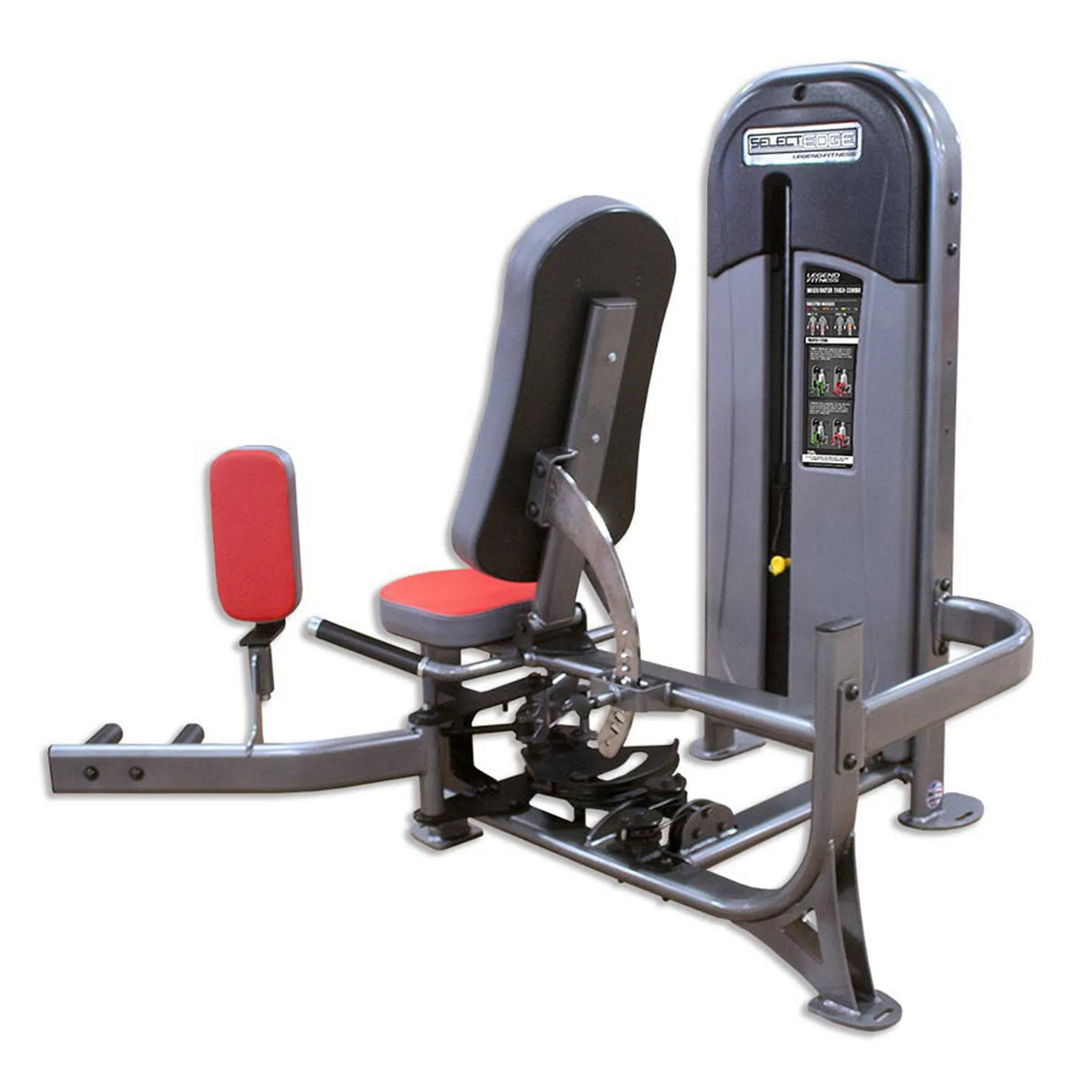 Gym machine with red seat and gray frame on a white background