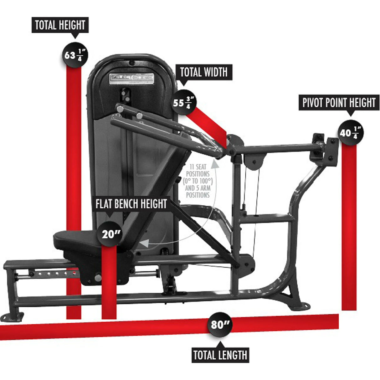 Gym machine with labeled dimensions on a white background