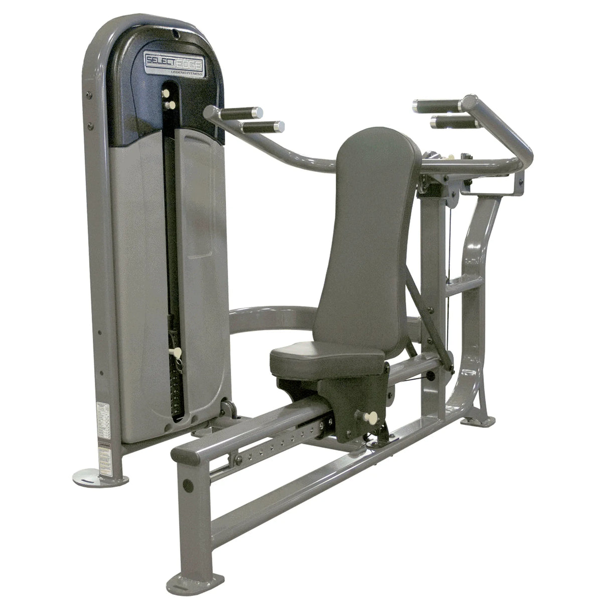Gray gym machine with a seat and arm attachments on a white background