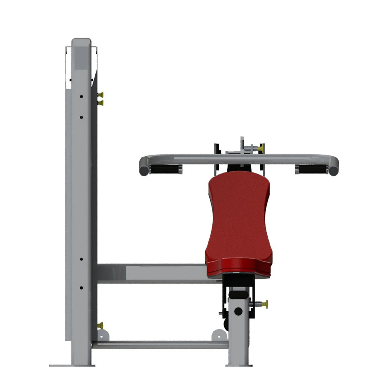 Gray framed gym machine with a red seat on a white background
