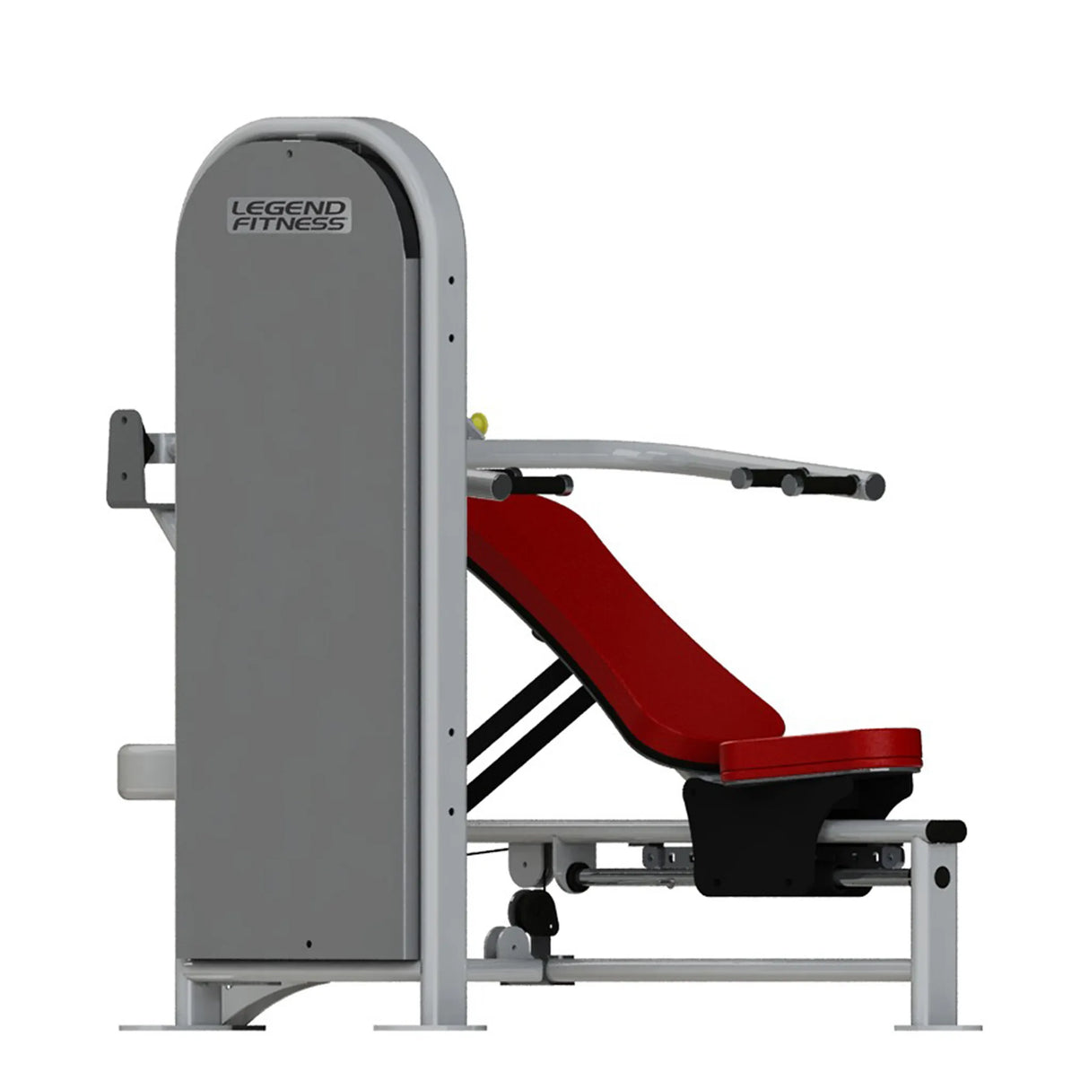 Gray gym machine with red seat and gray frame on a white background