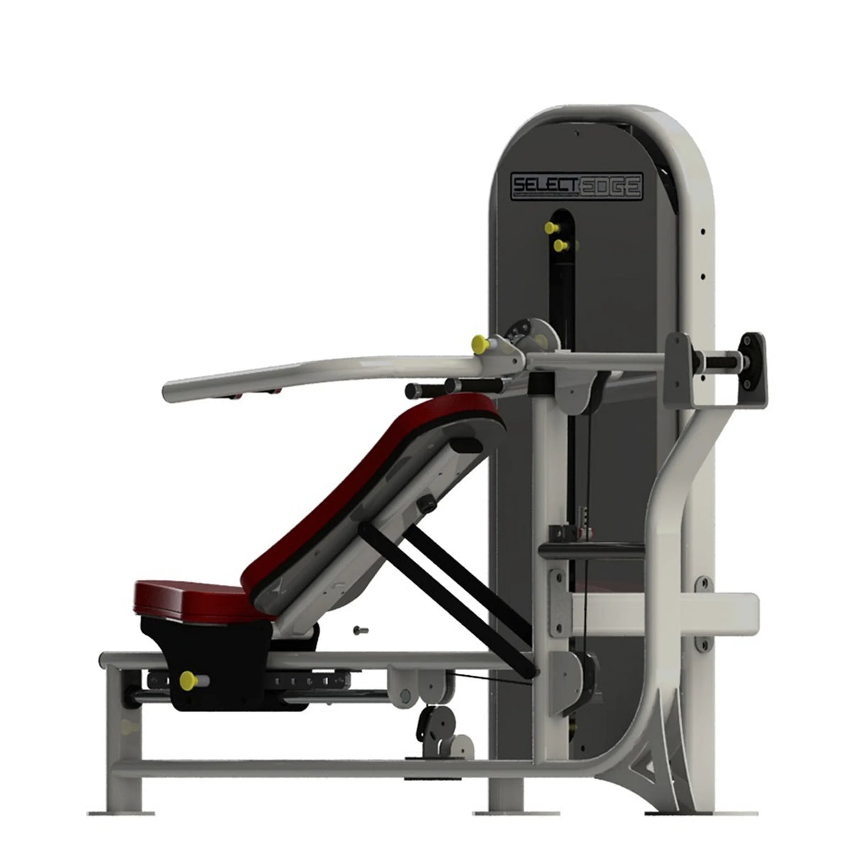 Gym machine with red seat and gray frame on a white background