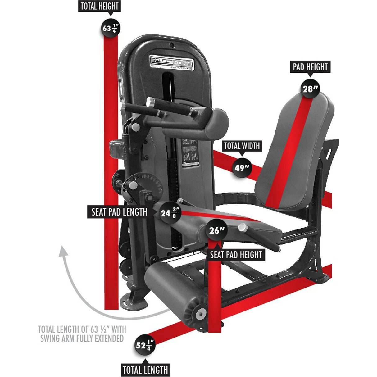 Gym machine with labeled dimensions on a white background