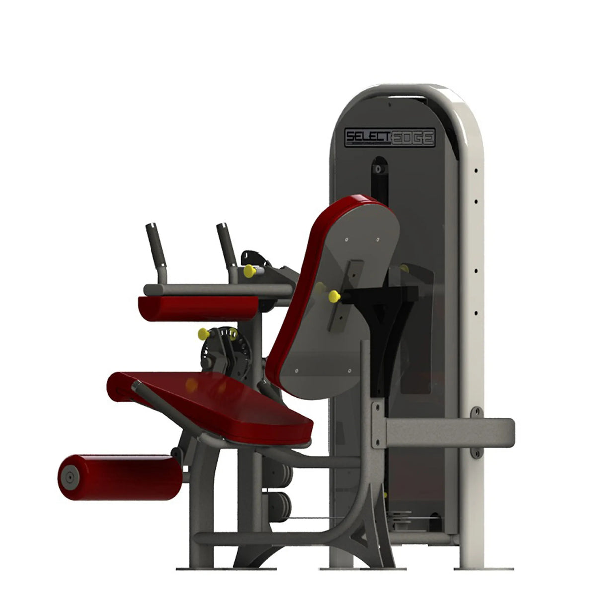Gym machine with red padding and gray frame on a white background