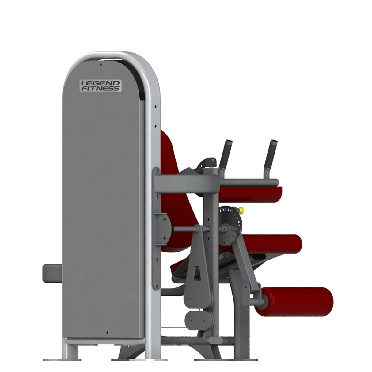 Gym machine with red padding and gray frame on a white background, branded 'Legend Fitness'.