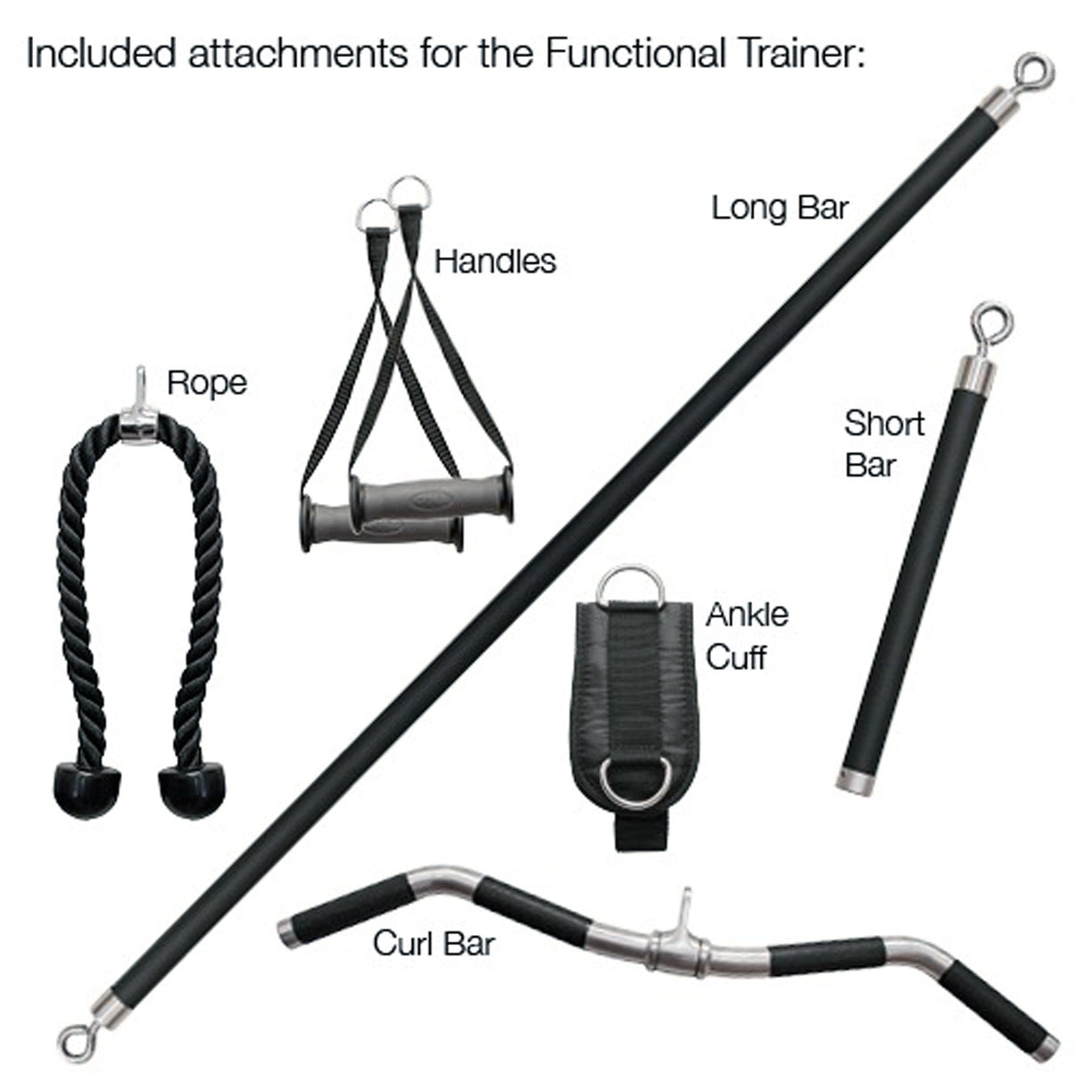 Included attachments for a functional trainer including handles, long bar, short bar, rope, ankle cuff, and curl bar on a white background.