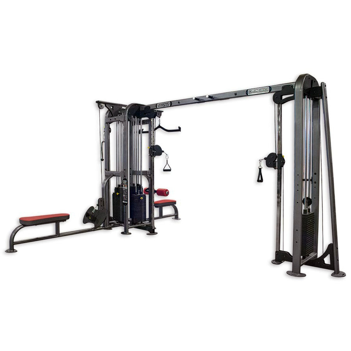 Gym equipment with multiple attachments on a white background