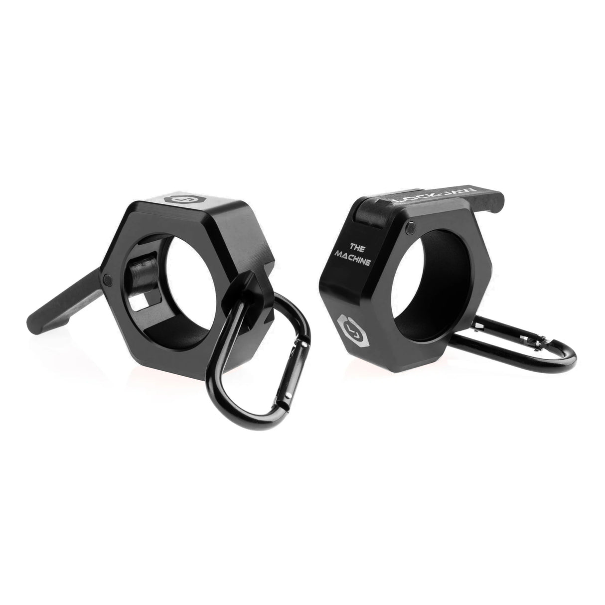 Black metal barbell collars by Lock-Jaw with the model name 'The Machine' written on the side in white letters