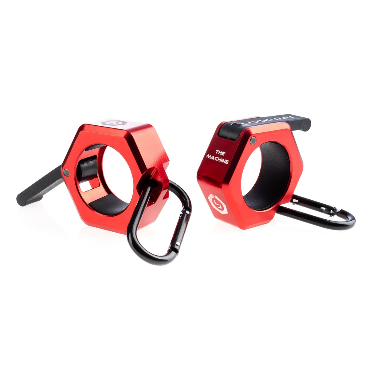 Red metal barbell collars by Lock-Jaw with the model name 'The Machine' written on the side in white letters