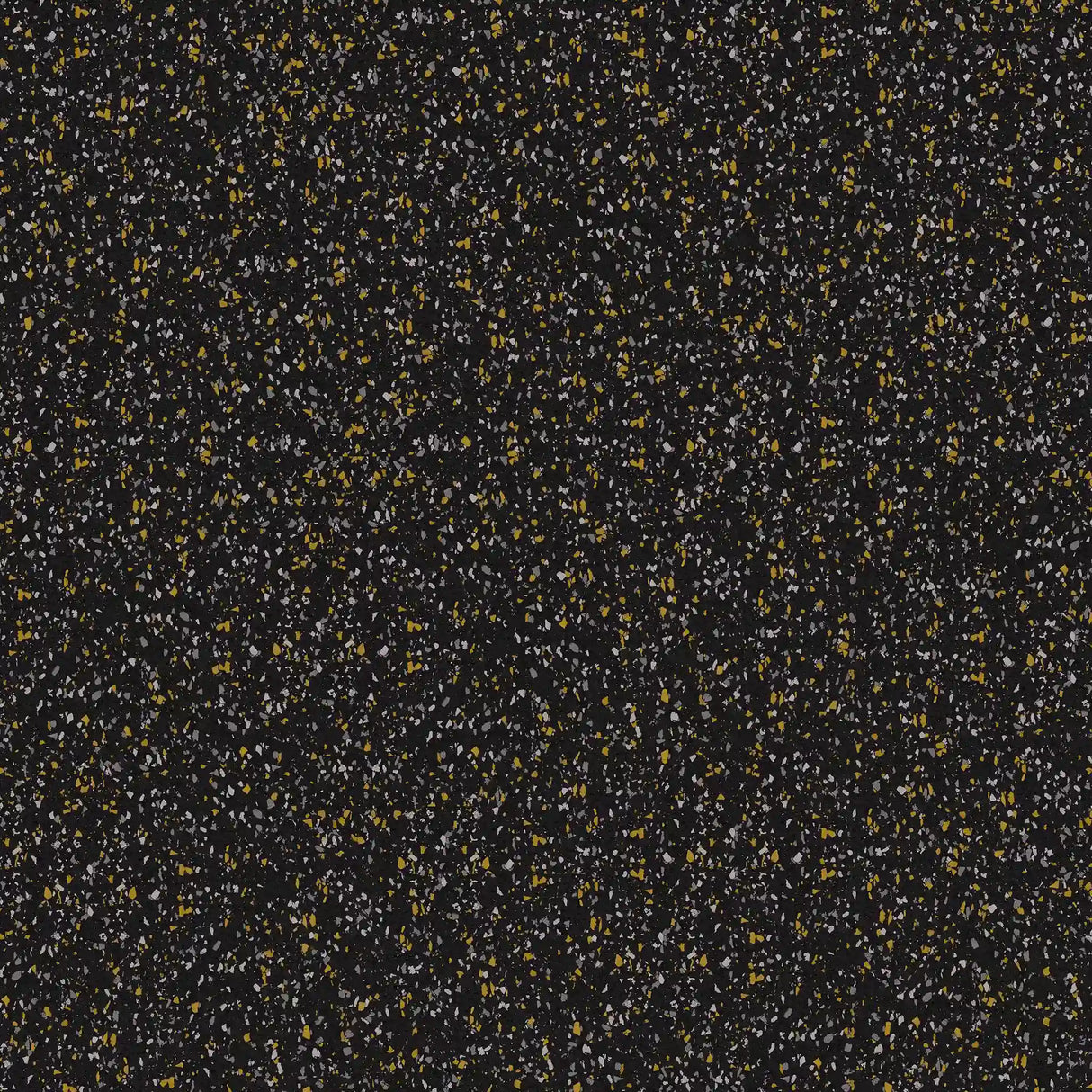 The ECORE Athletic Rubber Floor Tiles - 8mm Interlocking feature a dense pattern of small yellow, gray, and white dots on black, resembling stars or confetti on a dark surface.