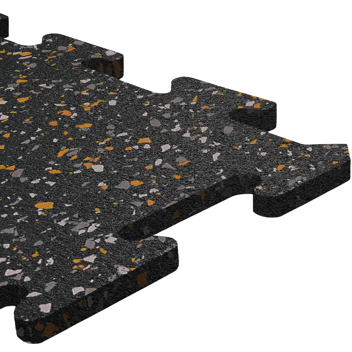 Close-up of an ECORE Athletic 8mm Interlocking Rubber Floor Tile with gray and orange speckles, showcasing puzzle-like edges against a white background.