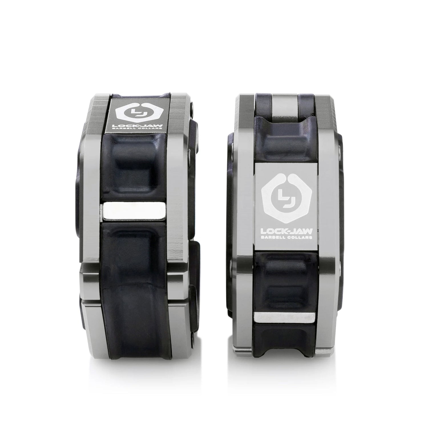 A pair of black and silver Lock-Jaw metal barbell collars with visible branding and magnets on the inside.