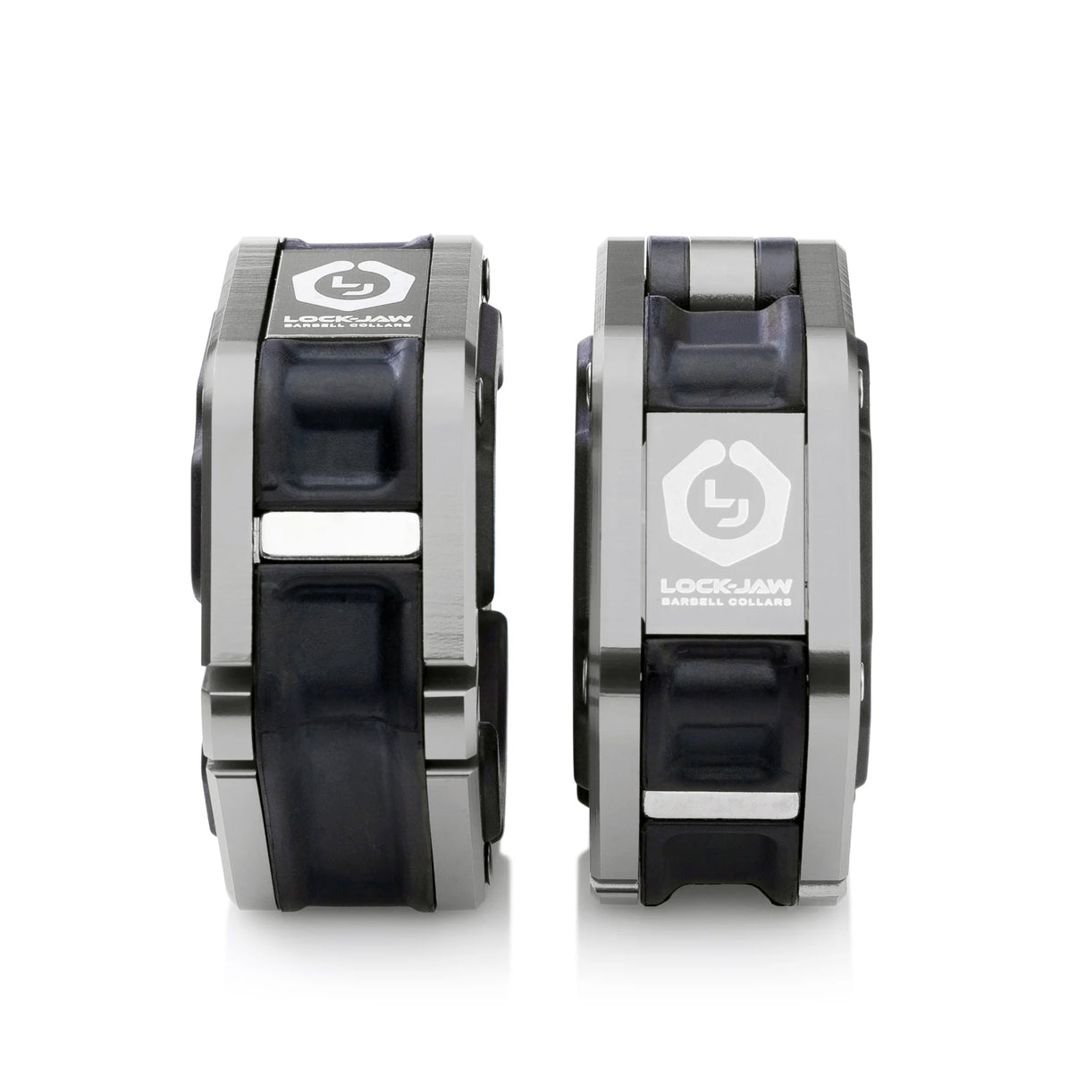 A pair of black and silver Lock-Jaw metal barbell collars with visible branding and magnets on the inside.