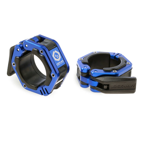 A pair of black and blue Lock-Jaw metal barbell collars with visible branding and magnets on the inside.