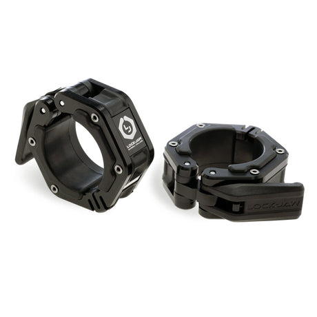 A pair of black Lock-Jaw metal barbell collars with visible branding and magnets on the inside.