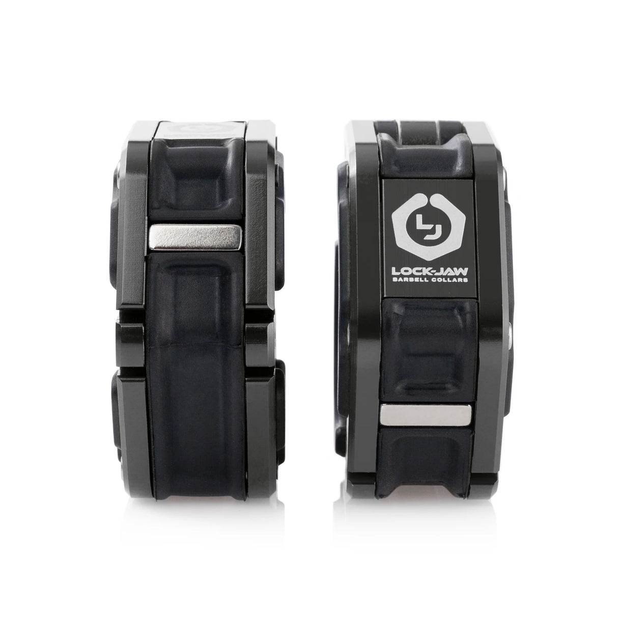 A pair of black Lock-Jaw metal barbell collars with visible branding and magnets on the inside.