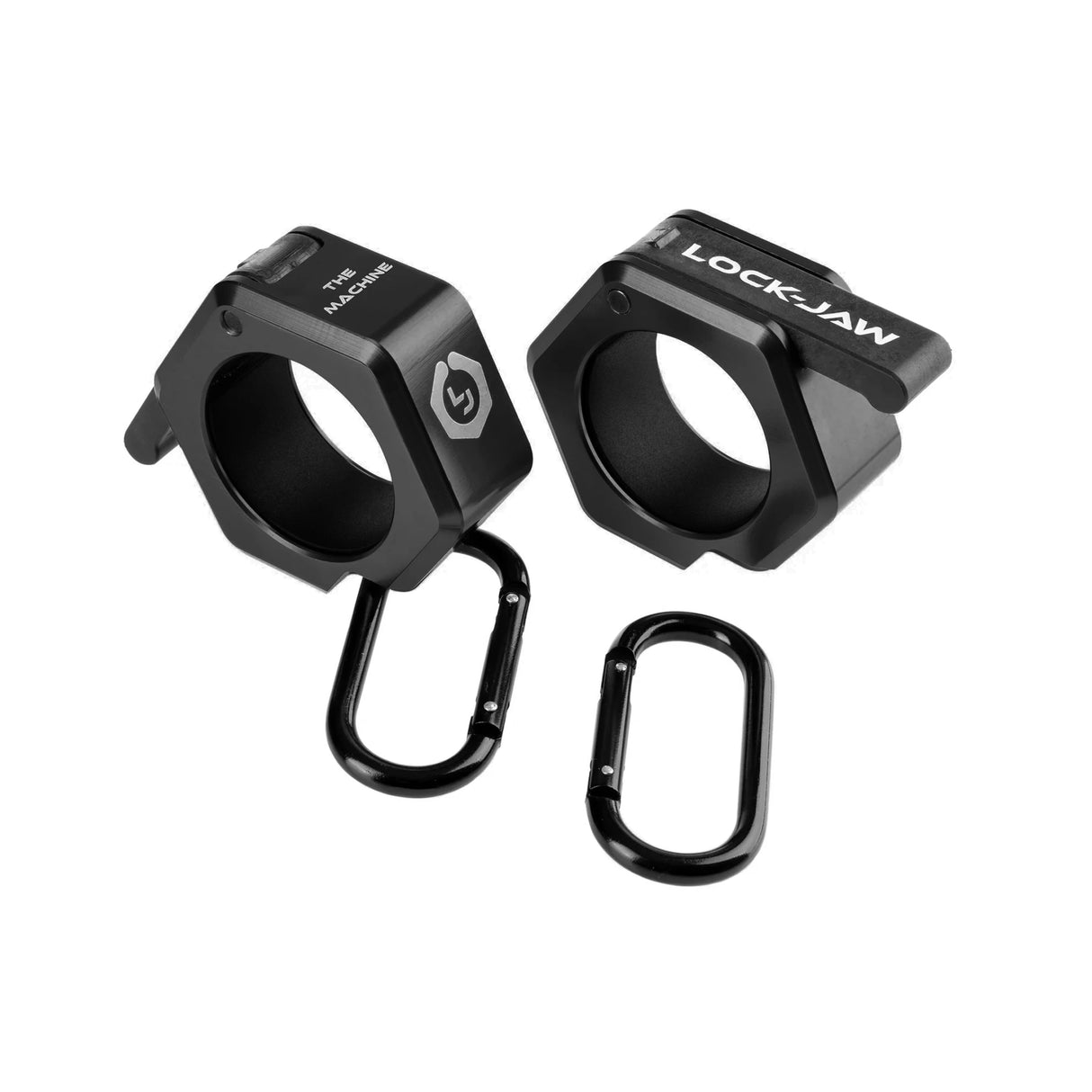 Black metal barbell collars by Lock-Jaw with the model name 'The Machine' written on the side in white letters