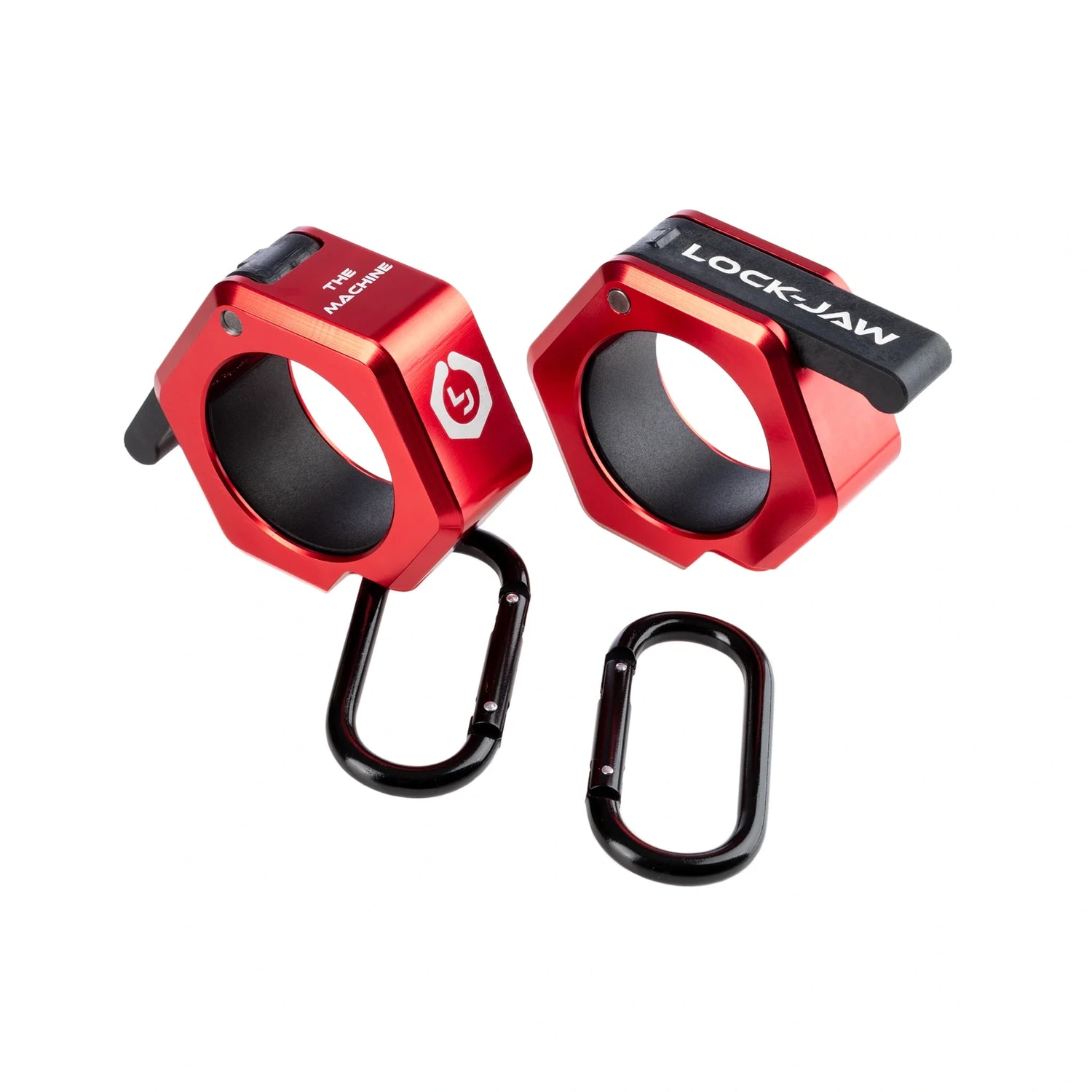 Red metal barbell collars by Lock-Jaw with the model name 'The Machine' written on the side in white letters