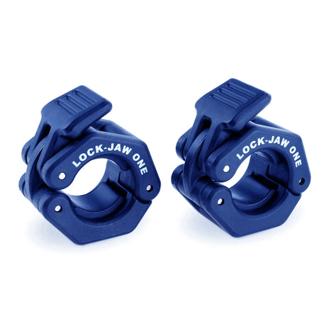 Two blue 'Lock-Jaw One' weightlifting barbell collars on a white background