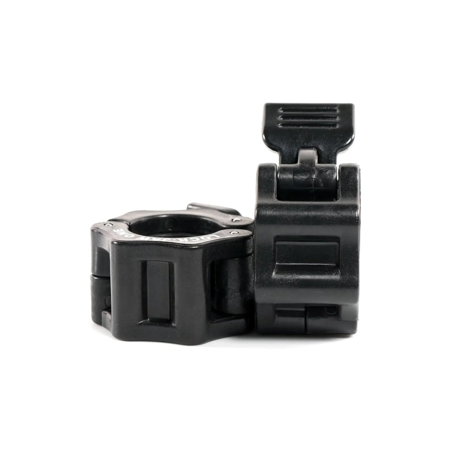 Lock-Jaw One commercial-grade barbell collars in black, red, and pink, designed for one-inch diameter bars; includes 1-year commercial warranty.
