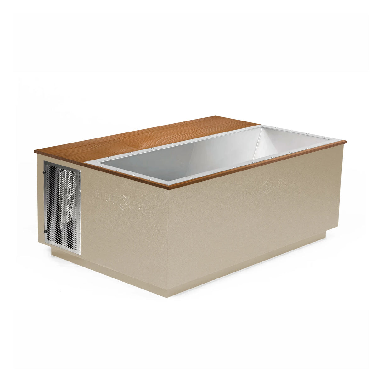 Beige BlueCube CoreChill 3 Elite Cold Plunge Tub with line-x coating and mahogany top which is commercial grade and handmade in America