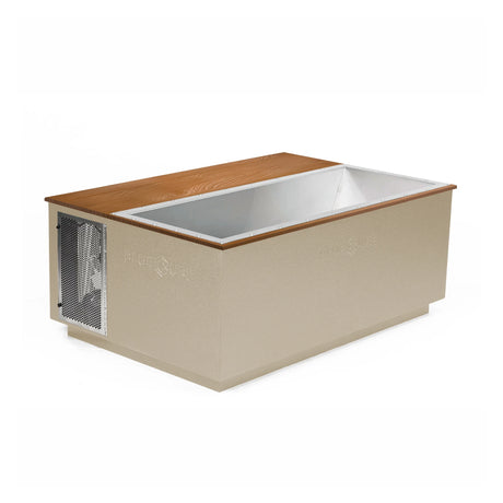 Beige BlueCube CoreChill 3 Elite Cold Plunge Tub with line-x coating and mahogany top which is commercial grade and handmade in America
