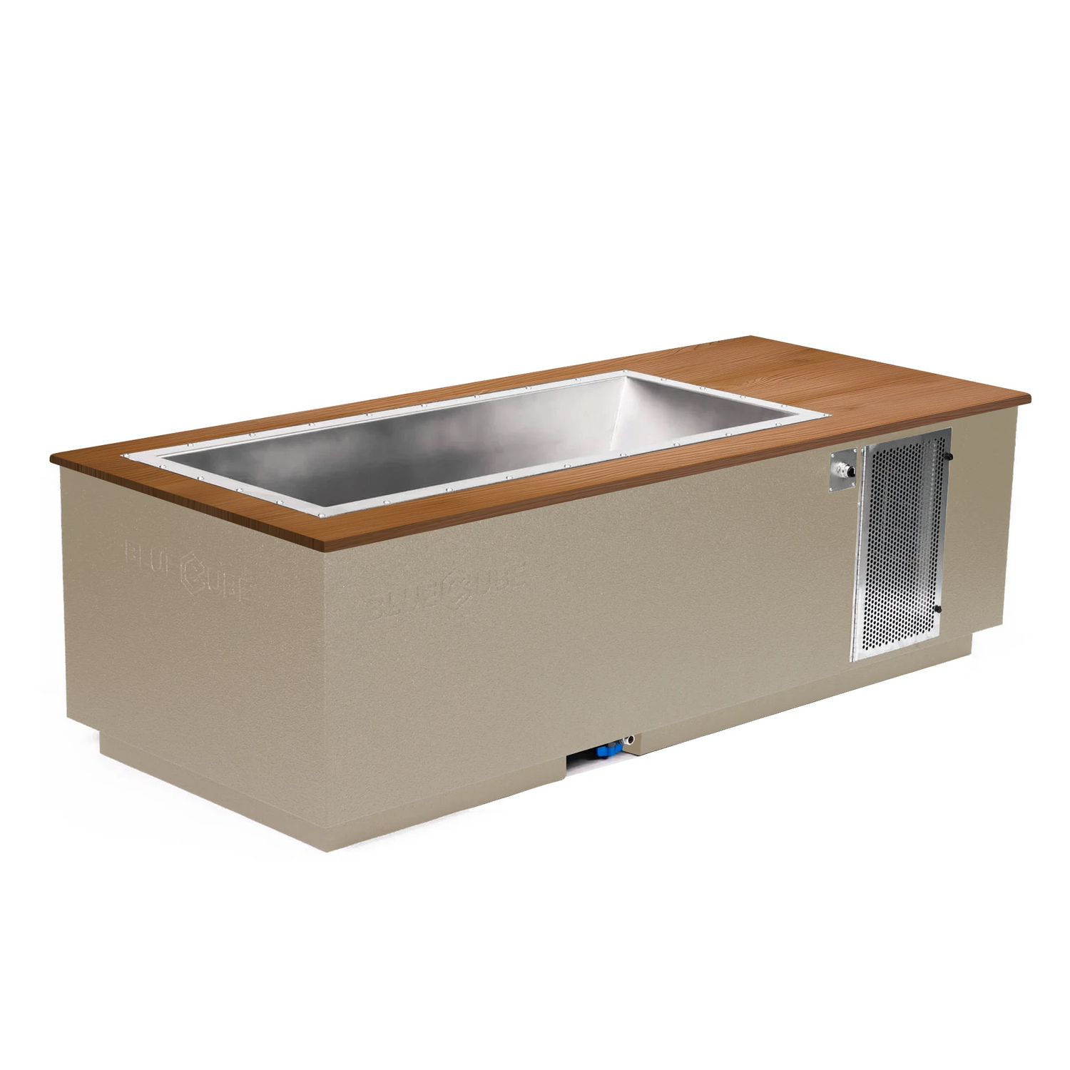 Beige BlueCube CoreChill 3 Cold Plunge Tub with mahogany top which is commercial grade and handmade in America