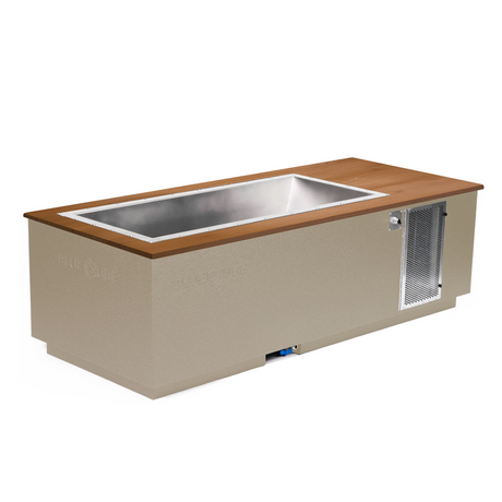 Beige BlueCube CoreChill 3 Cold Plunge Tub with mahogany top which is commercial grade and handmade in America