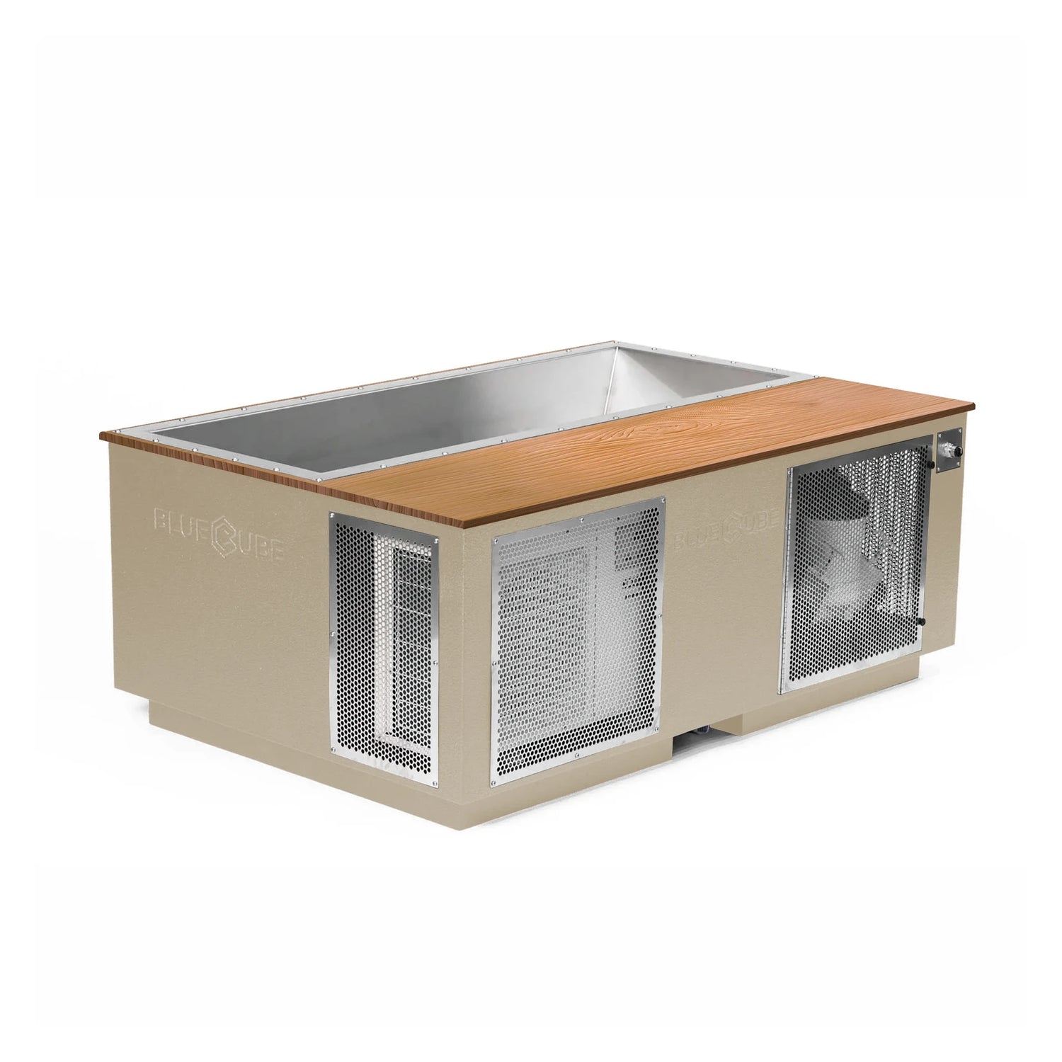 Beige BlueCube CoreChill 3 Elite Cold Plunge Tub with line-x coating and mahogany top which is commercial grade and handmade in America